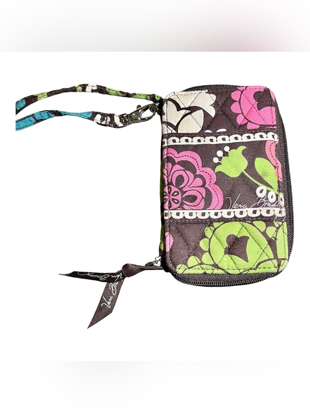 Vera Bradley Quilted Floral Wristlet in Pink, Lime & Brown - Picture 1 of 7